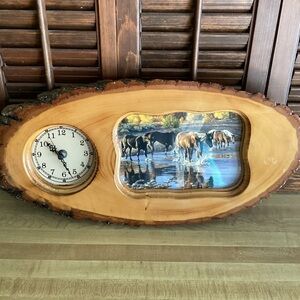 Vintage Mid-Century Live Edge Cut Wood Tree Slab with a Clock/Horses in Stream.
